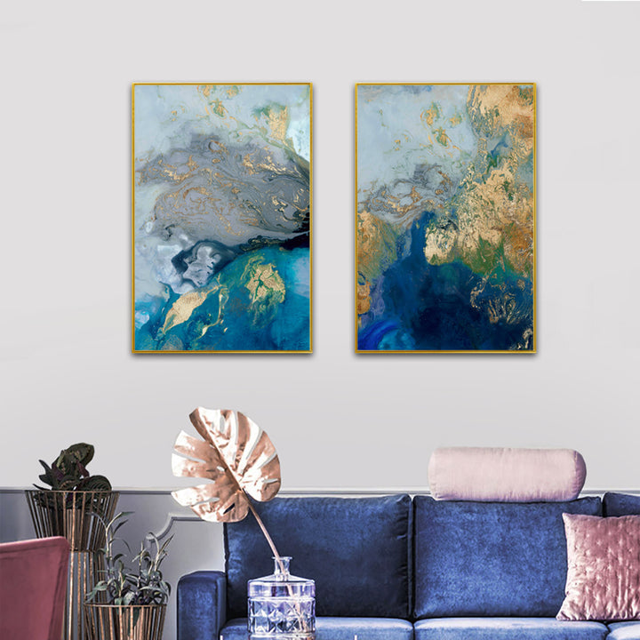 Wall Art 40cmx60cm  Marbled Blue And Gold 2 Sets Gold Frame Canvas