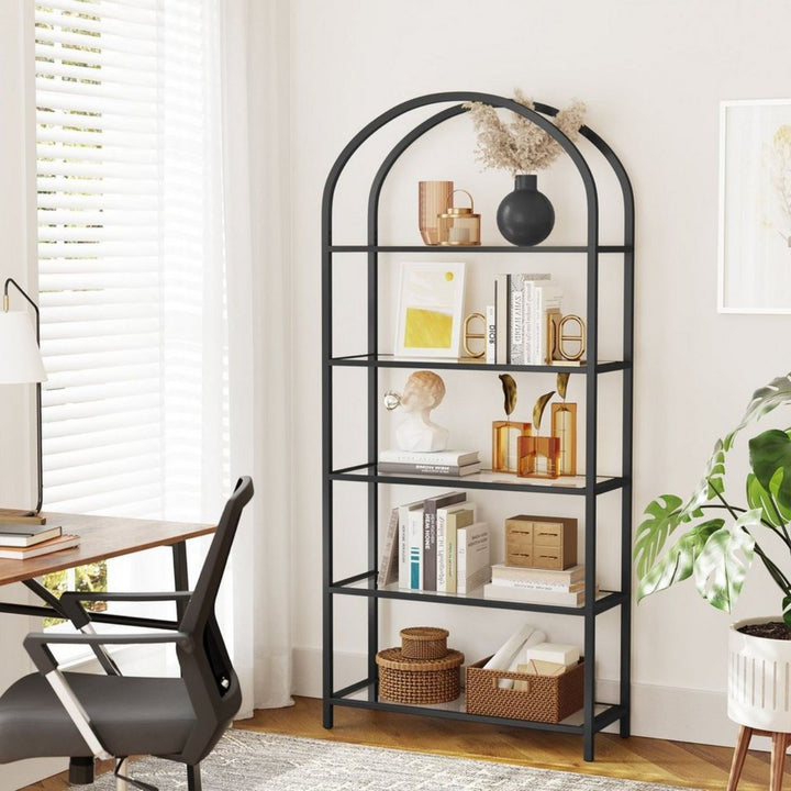 VASAGLE Bookshelf 5 Tier Tempered Glass with Metal Frame Black