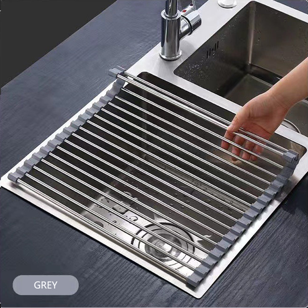 Kitchen Roll-Up Dish Drying Rack Foldable Drainer Over Sink 304-Stainless Steel (Medium:47*30cm)