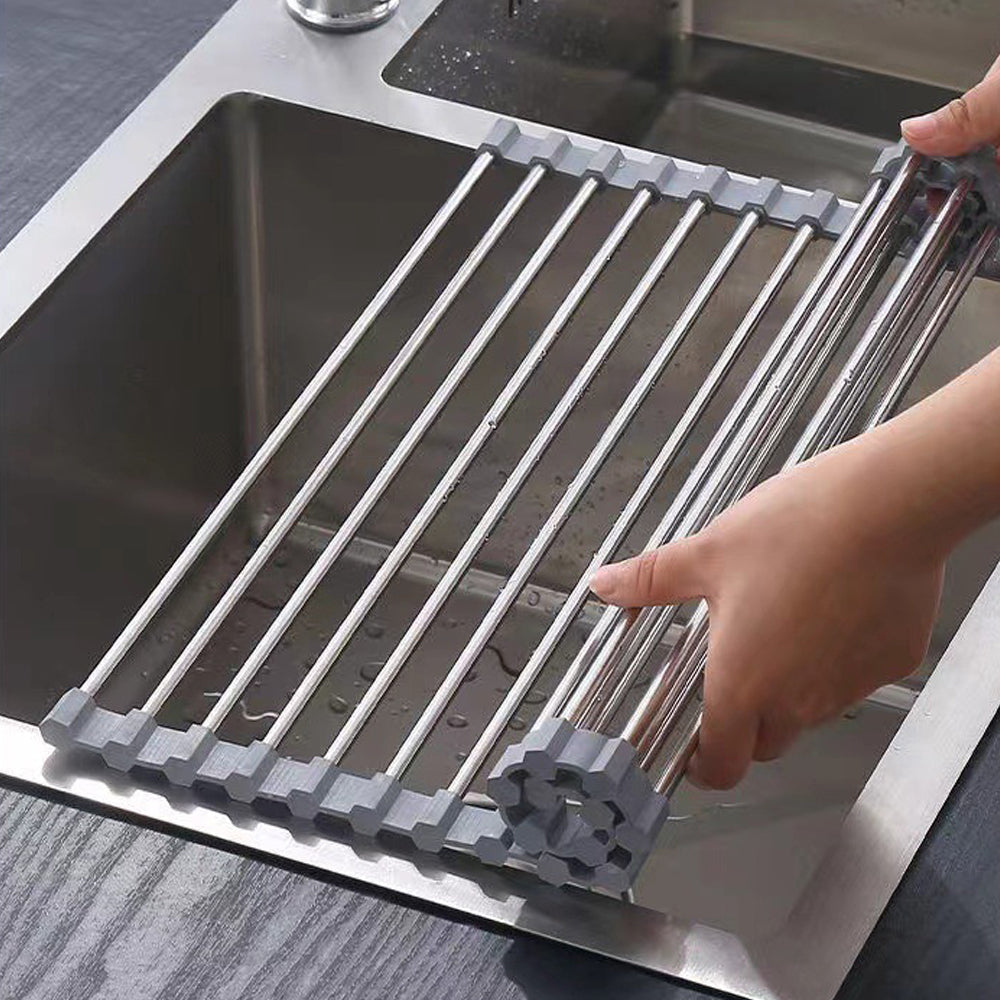 Kitchen Roll-Up Dish Drying Rack Foldable Drainer Over Sink 304-Stainless Steel (Medium:47*30cm)