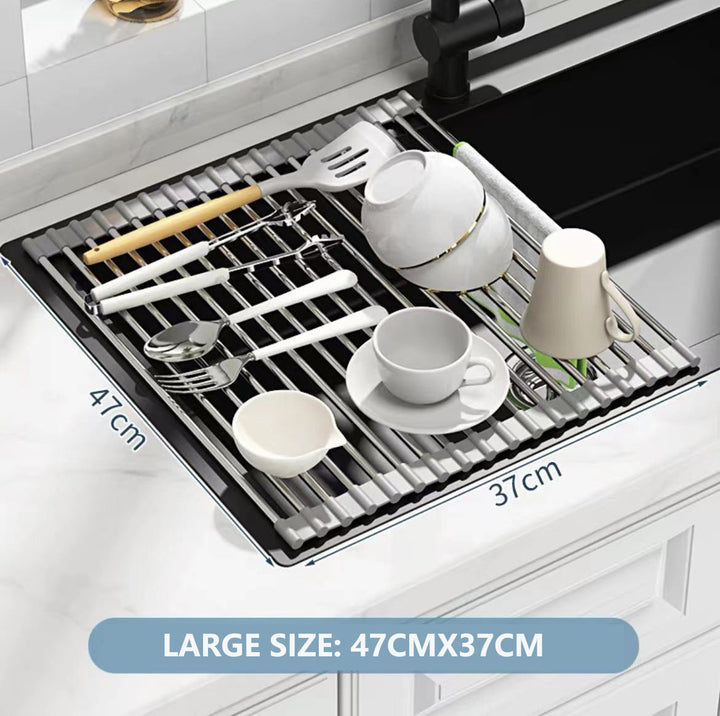 Kitchen Roll-Up Dish Drying Rack Foldable Drainer Over Sink 304-Stainless Steel (Large:47*37cm)