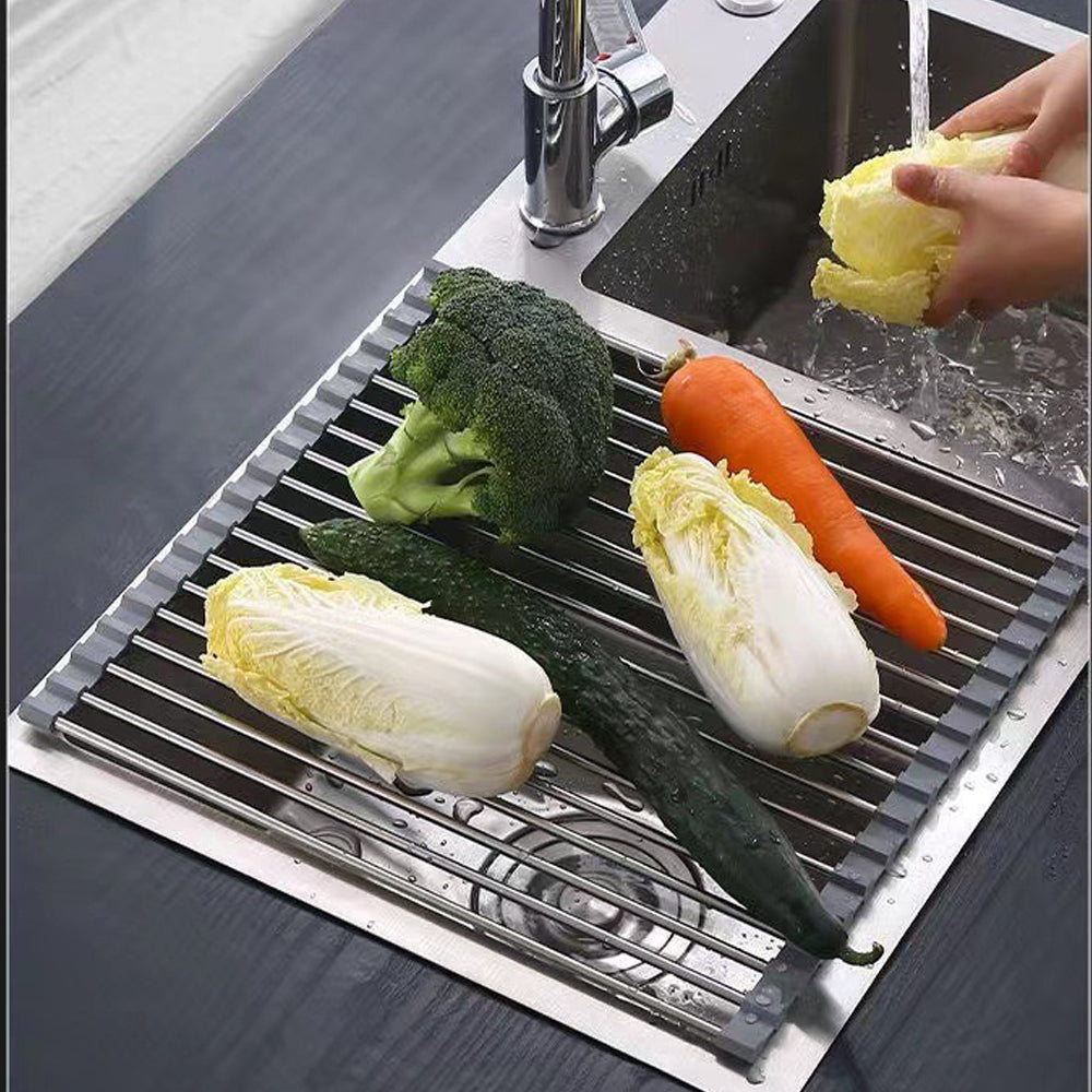 Kitchen Roll-Up Dish Drying Rack Foldable Drainer Over Sink 304-Stainless Steel (Large:47*37cm)