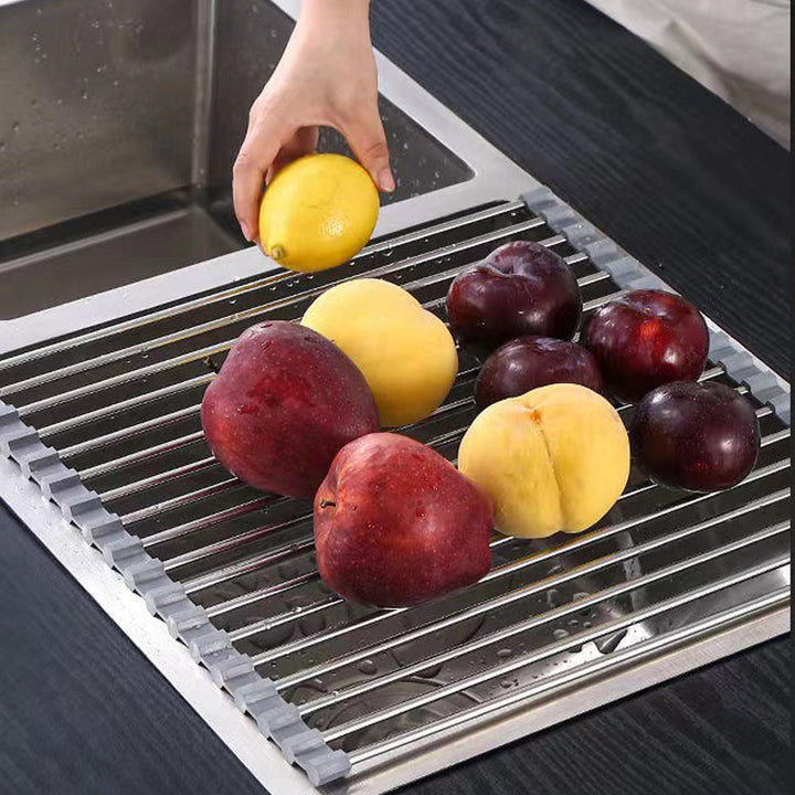 Kitchen Roll-Up Dish Drying Rack Foldable Drainer Over Sink 304-Stainless Steel (Large:47*37cm)